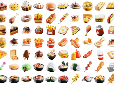 Different Kinds of Delicious Food Including Burgers Cakes Fries Pizza and Sushi 3d model