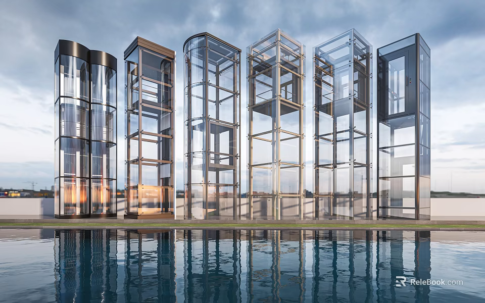 Modern Glass Elevators with Metal Frames and Water Reflection Design 3d model 
