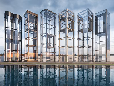 Modern Glass Elevators with Metal Frames and Water Reflection Design 3d model