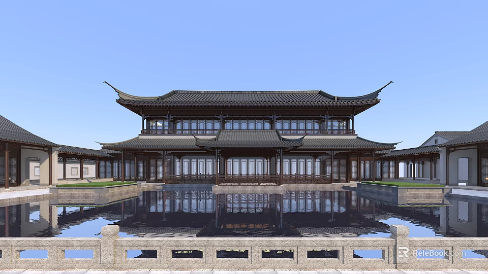 Traditional Ancient Architecture With Curved Eaves Multi story Structure And Front Pool Reflection 3d model 