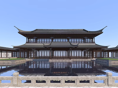 Traditional Ancient Architecture With Curved Eaves Multi story Structure And Front Pool Reflection 3d model