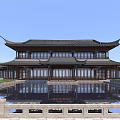 Traditional Ancient Architecture With Curved Eaves Multi story Structure And Front Pool Reflection 3d model