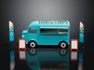 Blue Fish and Chips Food Truck With Menu Boards And Display Banners 3d model