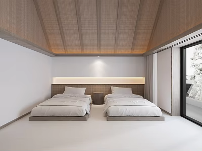 Minimalist Hotel Guest Room With Twin Beds Wooden Sloped Ceiling And Floor To Ceiling Windows 3d model