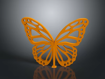 Orange Butterfly Decorative Figurine With Hollowed Out Pattern On Shiny Surface With Reflection 3d model