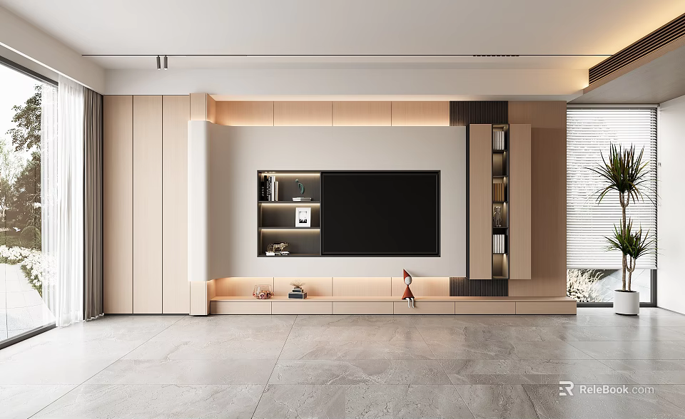 Modern Living Room TV Wall Design With Light Wood Panels Storage Shelves And LED Lighting 3d model 
