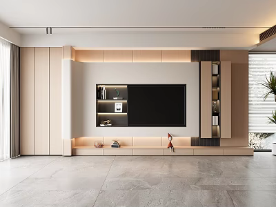 Modern Living Room TV Wall Design With Light Wood Panels Storage Shelves And LED Lighting 3d model