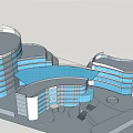 Modern Office Building With Blue Glass Walls Circular And Rectangular Structures Exterior Under Clear Sky 3d model