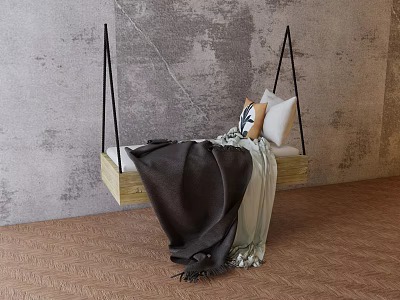 Cozy Hanging Hammock With Pillows And Blanket Against Gray Wall Wooden Floor 3d model