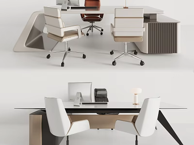 Modern Office Desk Design With White Beige Chairs And Office Supplies 3d model