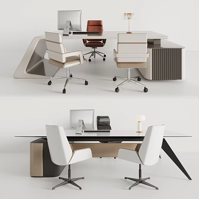 Modern Office Desk Design With White Beige Chairs And Office Supplies 3d model