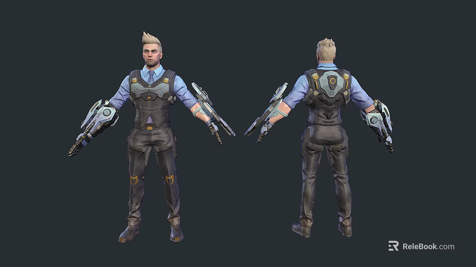 Futuristic Man With Mechanical Arms In High Tech Combat Gear Front Back View 3d model 