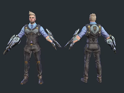 Futuristic Man With Mechanical Arms In High Tech Combat Gear Front Back View 3d model