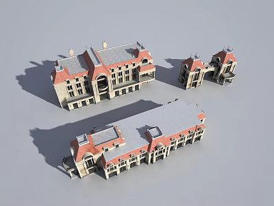 European Style Commercial Street Featuring Red Roofs And White Classical Buildings 3d model