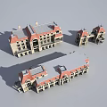 European Style Commercial Street Featuring Red Roofs And White Classical Buildings