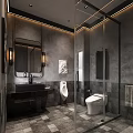 Modern Industrial Bathroom Interior With Black Sink Mirror And Vintage Lamps