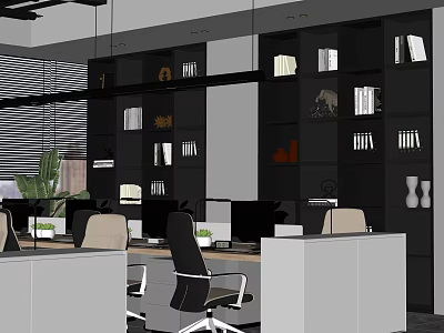 Modern Public Office Space With Desks Computers Bookshelves And Green Plants 3d model