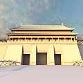 Grand Traditional Ancient Chinese Architecture With Multi Tiered Red Roof And Stone Paved Plaza