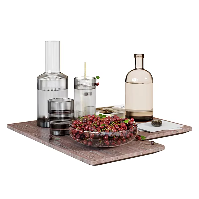 Stylish Ceramic Bowl with Fresh Berries and Glass Vessels on Wooden Tray 3d model