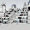 Santorini Style White Buildings With Blue Domes Palm Trees And Flowers On Hillside