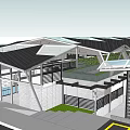 Modern Commercial Complex With Glass Skylight Roof Green Spaces Walkways Entrance Steps And Seating Areas