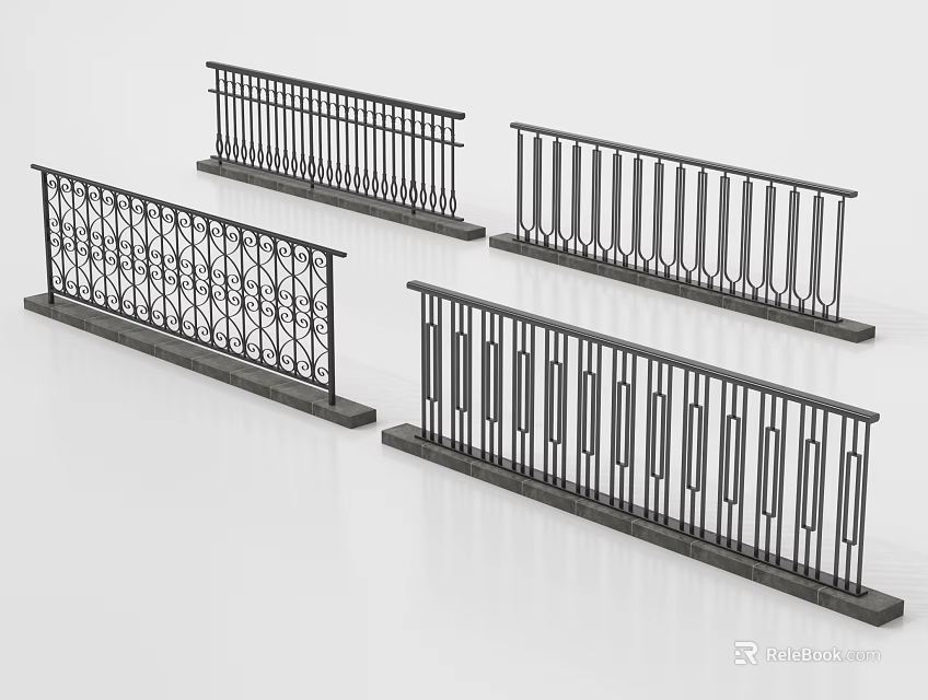 Metal Railings With Various Intricate Patterns And Sturdy Base Designs 3d model 