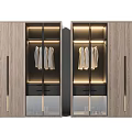 Modern Wooden Wardrobe Interior Design With Hanging Clothes And Lighting Fixtures