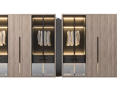 Modern Wooden Wardrobe Interior Design With Hanging Clothes And Lighting Fixtures 3d model