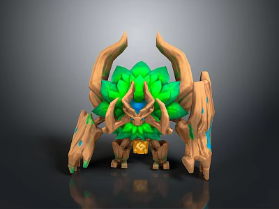 Mythical Fantasy Game Character With Wooden Horns Green Leaf Like Crystals And Blue Accents 3d model