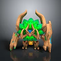 Mythical Fantasy Game Character With Wooden Horns Green Leaf Like Crystals And Blue Accents