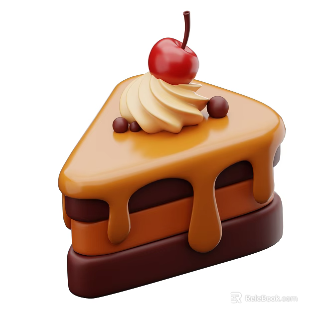 Delicious Slice of Layered Cake with Creamy Swirl Red Cherry and Dripping Chocolate Sauce 3d model 