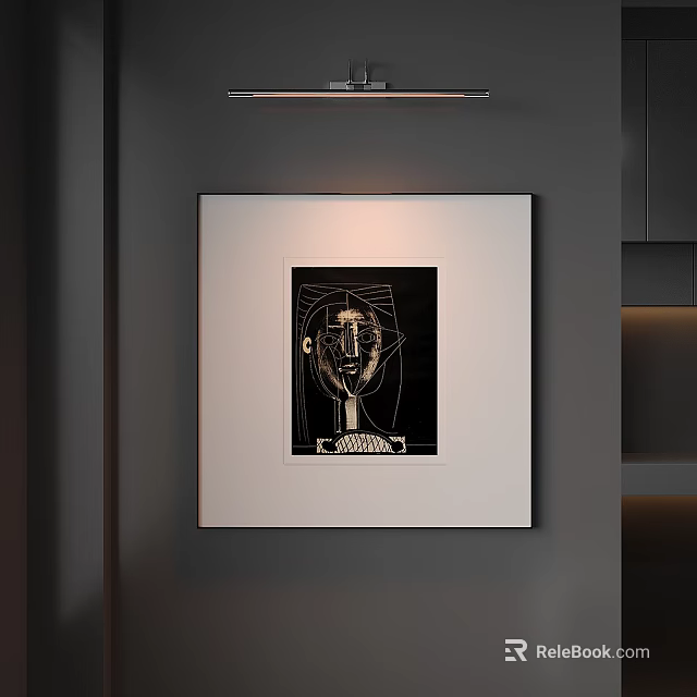 Modern Abstract Cubist Painting Featuring Human Face Framed On Dark Wall 3d model