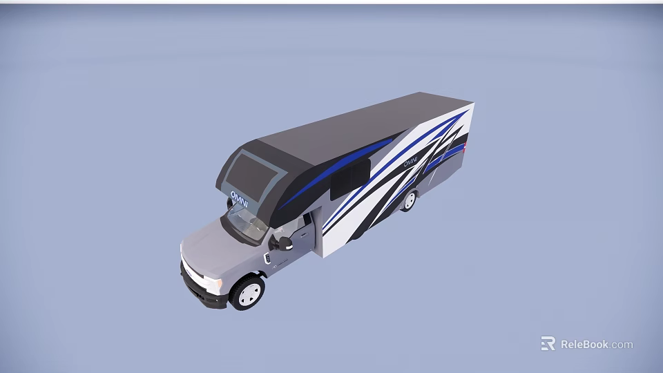 Modern Blue And White Motorhome With Sleek Body And Black Roof Design 3d model 