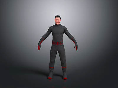 Male Game Movie Character Wearing Gray Tightsuit with Red Gloves Boots and Waist Line 3d model