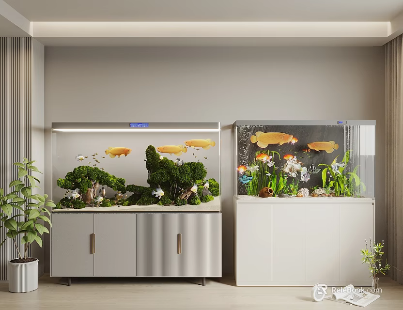 Elegant Aquarium Fish Tanks On White Cabinets With Colorful Fish And Aquatic Plants 3d model 