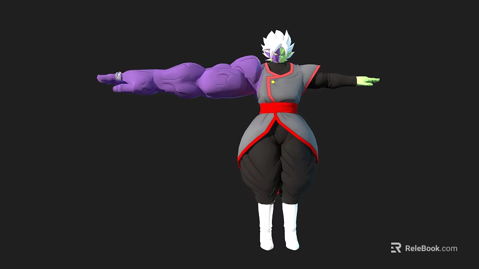 3D Game Movie Character With White Hair Purple Arm Dark Outfit Red Sash Arms Outstretched 3d model 