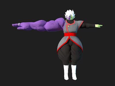 3D Game Movie Character With White Hair Purple Arm Dark Outfit Red Sash Arms Outstretched 3d model