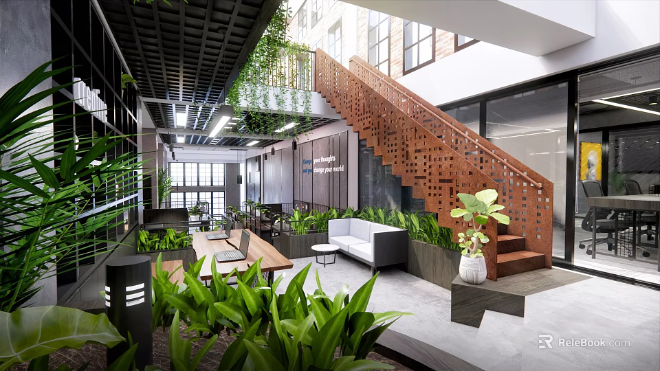 Public Office Space With Open Design Green Plants Staircase And Comfortable Seating 3d model 