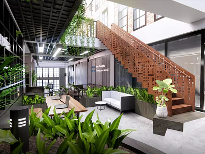 Public Office Space With Open Design Green Plants Staircase And Comfortable Seating 3d model