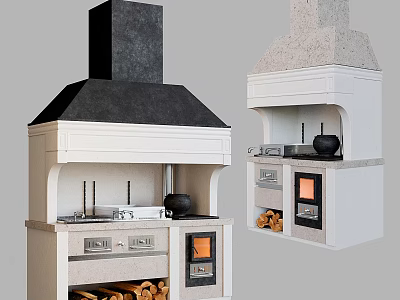 Modern Kitchen Appliances With Chimney Design Stove Oven Firewood Storage And Black Pot 3d model