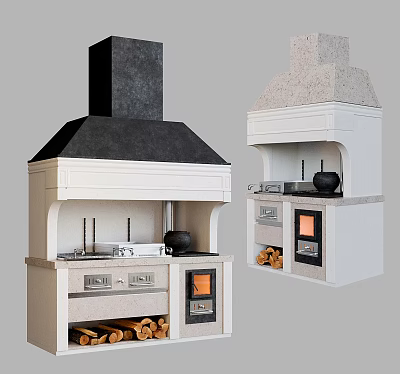 Modern Kitchen Appliances With Chimney Design Stove Oven Firewood Storage And Black Pot 3d model