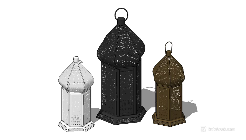Vintage Style Decorative Ornament Set with White Black Brown Carved Lantern Designs 3d model 