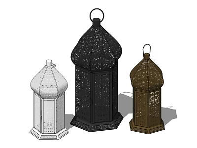 Vintage Style Decorative Ornament Set with White Black Brown Carved Lantern Designs 3d model