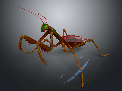 Vibrant Praying Mantis Sculpture With Green Head Red Antennae Detailed Legs And Translucent Wings 3d model