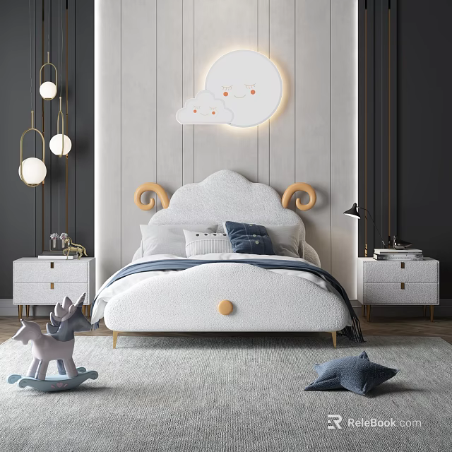 Kids Room With Cloud Shaped Headboard Bed Blue Pillows Rocking Horse And Moon Decor 3d model 