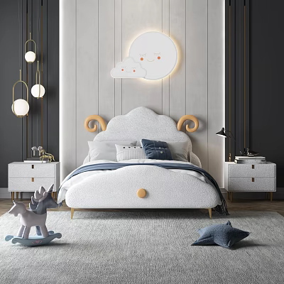 Kids Room With Cloud Shaped Headboard Bed Blue Pillows Rocking Horse And Moon Decor 3d model