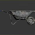 Worn Metal Wheelbarrow with Blue Handles Rustic Finish and Single Wheel Design