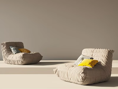 Soft Beige Bean Bag Chairs With Plush Fabric And Yellow Grey Pillows In Modern Room 3d model