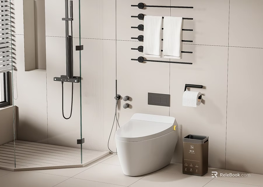 Modern Bathroom With White Toilet Light Tiled Walls Toilet Paper Holder And Trash Bin 3d model 