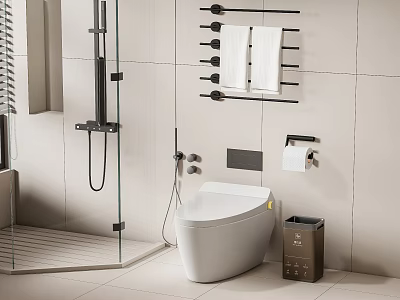 Modern Bathroom With White Toilet Light Tiled Walls Toilet Paper Holder And Trash Bin 3d model